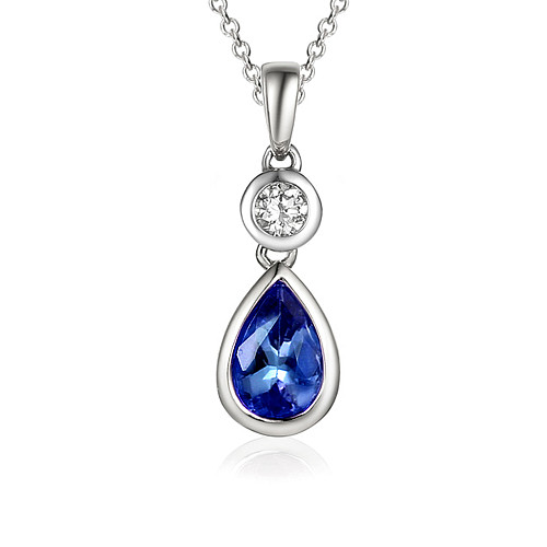 Rubover Set Pear Shape Cut Blue Sapphire & Round Brilliant Cut Diamond Drop Pendant