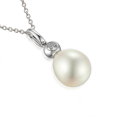 Rubover Set Round Brilliant Cut Diamond And Oval Pearl Drop Pendant And Chain