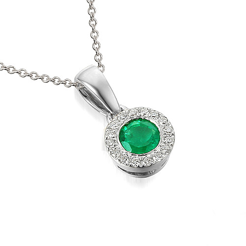 Rubover Set Round Brilliant Cut Emerald And Micro Set Diamond Halo Pendant And Chain