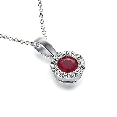 Rubover Set Round Brilliant Cut Ruby And Micro Set Diamond Halo Pendant And Chain