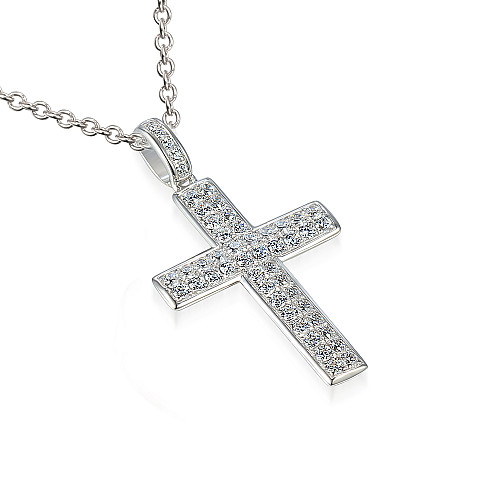Micro Set Round Brilliant Cut Diamond Cross Pendant And Chain
