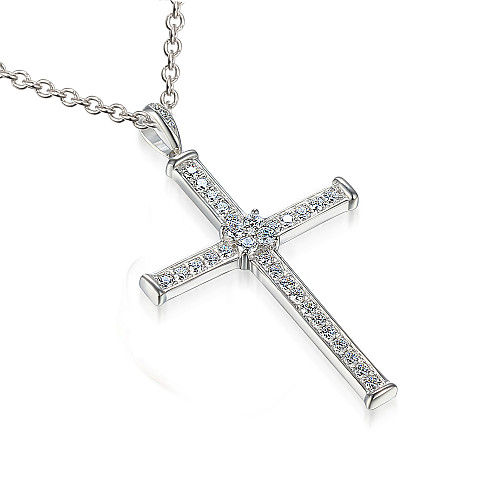Micro Set Round Brilliant Cut Diamond Cross Pendant And Chain