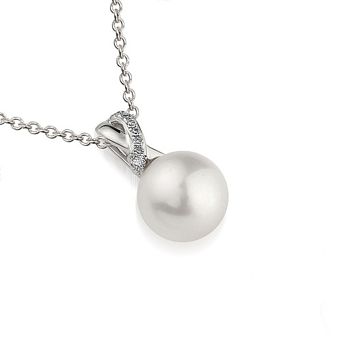 Claw Set Round Brilliant Cut Diamond And Pearl Drop Pendant And Chain