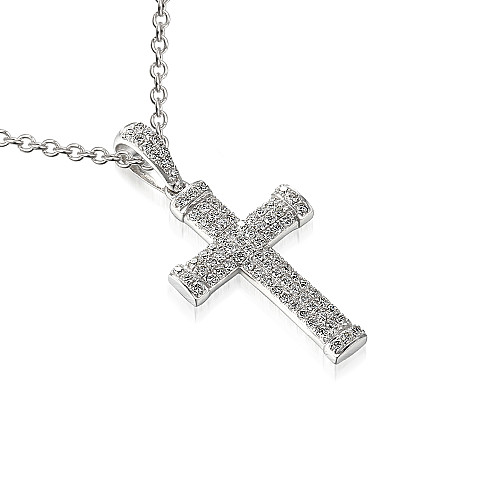 Micro Set Round Brilliant Cut Diamond Cross Pendant And Chain