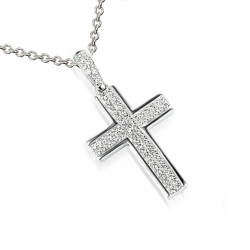 Micro Set Round Brilliant Cut Diamond Cross Pendant And Chain