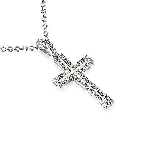 Micro Set Round Brilliant Cut Diamond Cross Pendant And Chain