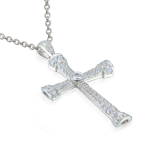 Diamond Cross Pendant & Chain With Round Brilliant Cut Diamonds With Micro Set & Rubover Setting
