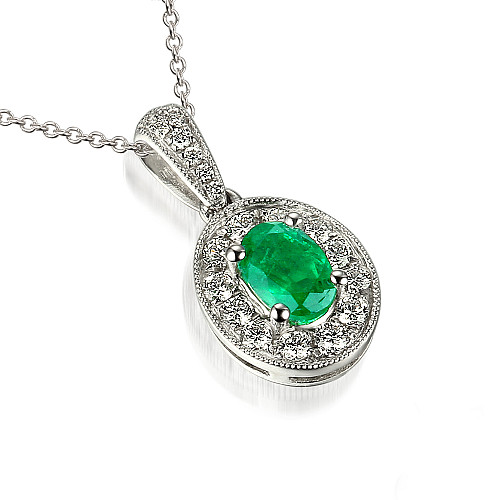 Claw Set Oval Cut Emerald With Micro Set Round Brilliant Cut Diamond Halo Pendant And Chain