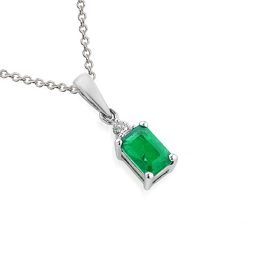Claw Set Emerald Cut Emerald And Round Brilliant Cut Diamond Pendant And Chain