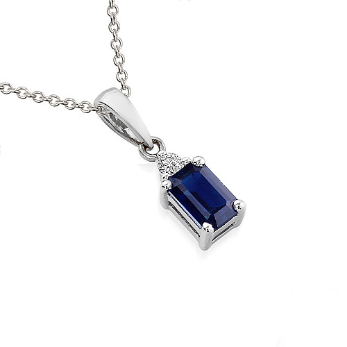Claw Set Emerald Cut Blue Sapphire And Round Brilliant Cut Diamond Pendant And Chain