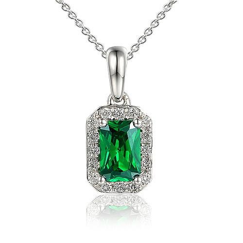 Claw Set Emerald Cut Emerald With Micro Set Diamond Halo Pendant And Chain