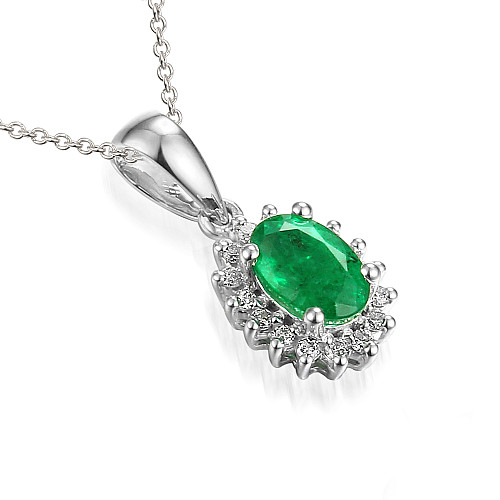 Claw Set Oval Cut Emerald And Diamond Cluster Pendant And Chain