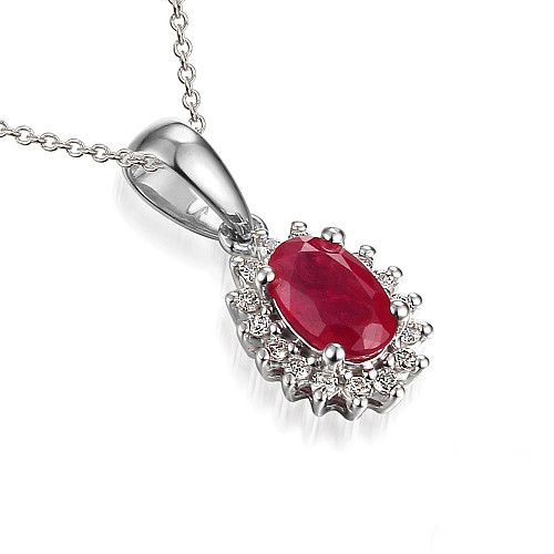 Claw Set Oval Cut Ruby And Diamond Cluster Pendant And Chain
