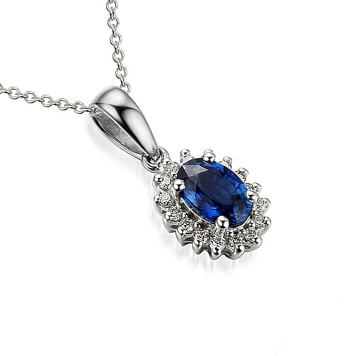 Claw Set Oval Cut Blue Sapphire And Diamond Cluster Pendant And Chain