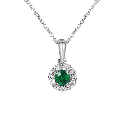 Micro & Claw Set Round Emerald Diamond Halo Pendant + Chain