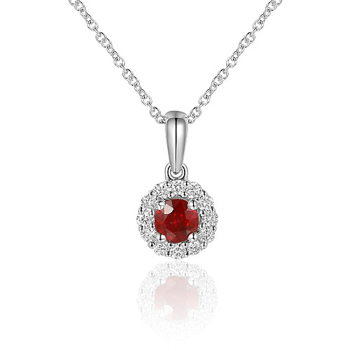 Micro & Claw Set Round Ruby Diamond Halo Pendant + Chain