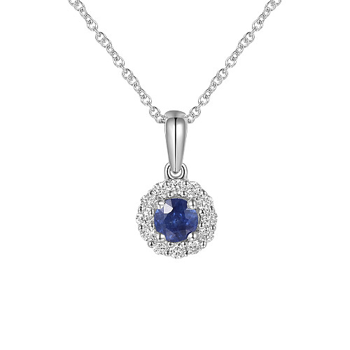 Micro & Claw Set Round Sapphire Diamond Halo Pendant + Chain