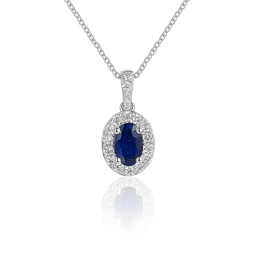 Claw & Micro Set Oval Cut Sapphire & Diamond Halo Pendant + Chain