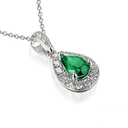 Claw Set Pear Shape Cut Emerald With Round Brilliant Cut Diamond Halo Pendant And Chain