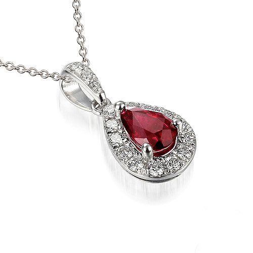 Claw Set Pear Shape Cut Ruby With Round Brilliant Cut Diamond Halo Pendant And Chain