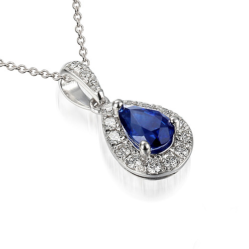Claw Set Pear Shape Cut Blue Sapphire With Round Brilliant Cut Diamond Halo Pendant And Chain