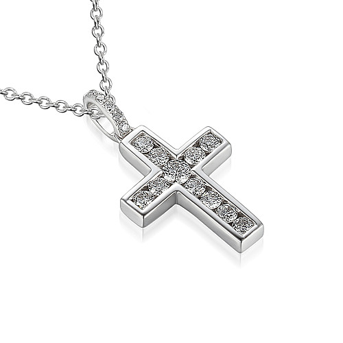 Round Brilliant Cut Channel Set Diamond Cross Pendant & Chain