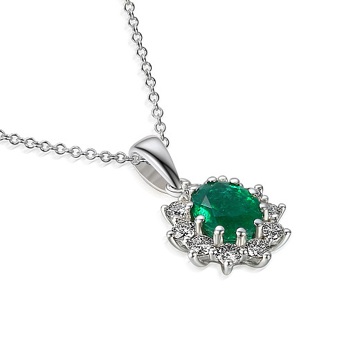 Claw Set Oval Shape Cut Emerald With Round Brilliant Cut Diamond Halo Pendant And Chain