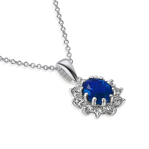 Claw Set Oval Shape Cut Blue Sapphire With Round Brilliant Cut Diamond Halo Pendant And Chain