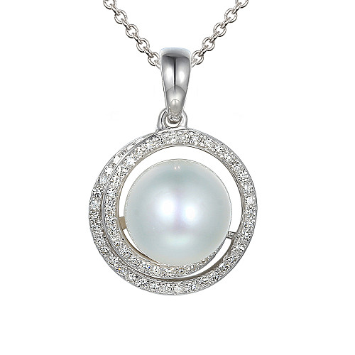 Claw Set Round Pearl With Micro Set Round Brilliant Cut Diamond Halo Pendant And Chain