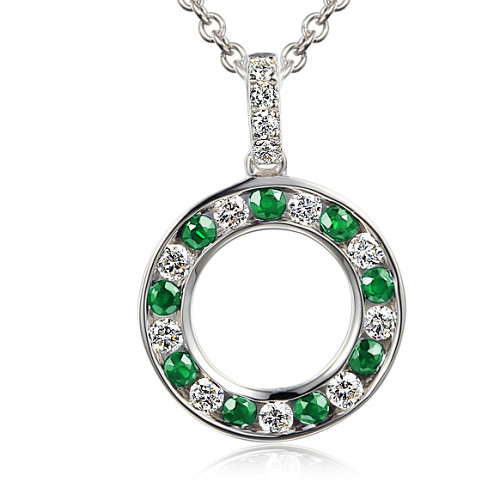Channel Set Round Brilliant Cut Emerald And Diamond Circle Shape Pendant And Chain