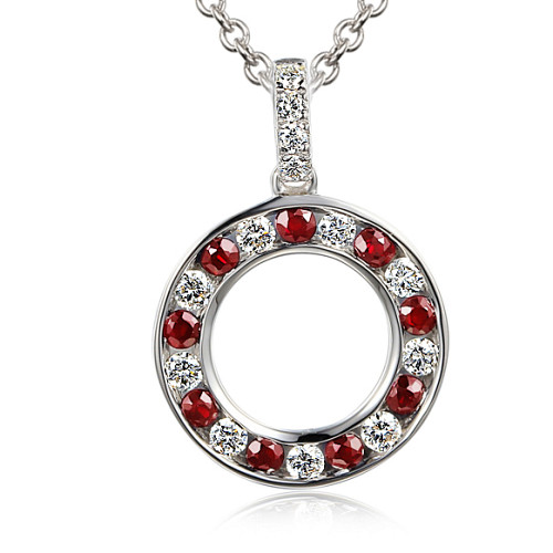 Channel Set Round Brilliant Cut Ruby And Diamond Circle Shape Pendant And Chain