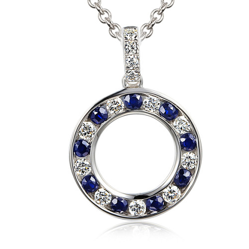 Channel Set Round Brilliant Cut Blue Sapphire And Diamond Circle Shape Pendant And Chain