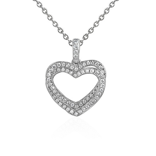 Round Brilliant Cut Diamond Micro Set Double Heart Shape Necklace