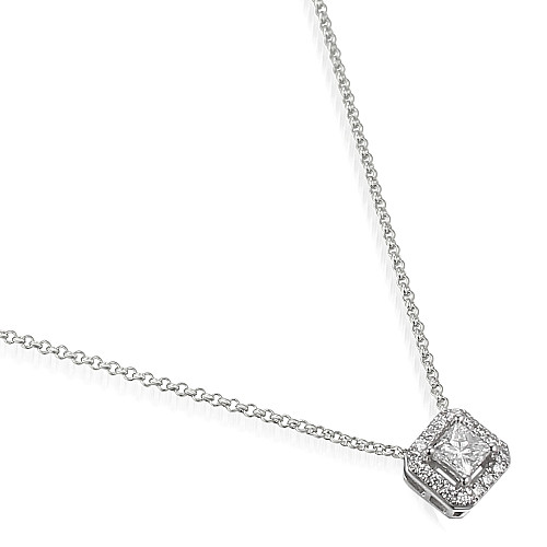 Princess Cut Diamond Claw Set With Round Brilliant Cut Diamond Micro Set Halo Pendant