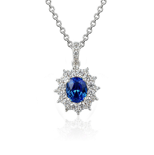 Claw Set Oval Cut Blue Sapphire And Round Brilliant Cut Diamond Cluster Pendant And Chain