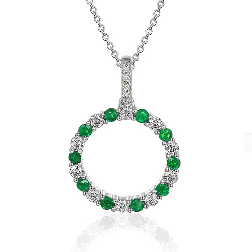 Micro Set Round Brilliant Cut Emerald & Diamond Circle Pendant