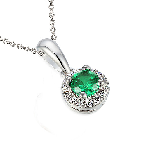 Claw Set Round Brilliant Cut Emerald & Micro Set Diamond Halo Pendant