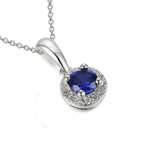Claw Set Round Brilliant Cut Blue Sapphire & Micro Set Diamond Halo Pendant