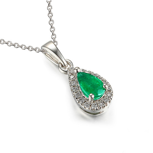 Claw Set Pear Shape Cut Emerald With Round Brilliant Cut Diamond Halo Pendant And Chain