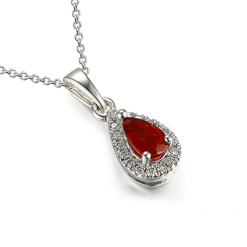 Claw Set Pear Shape Cut Ruby With Round Brilliant Cut Diamond Halo Pendant And Chain