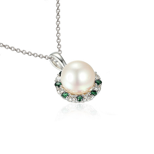 Claw Set Round Pearl With Micro Set Round Brilliant Cut Diamond And Emerald Halo Pendant And Chain