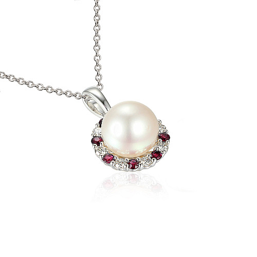 Claw Set Round Pearl With Micro Set Round Brilliant Cut Diamond And Ruby Halo Pendant And Chain