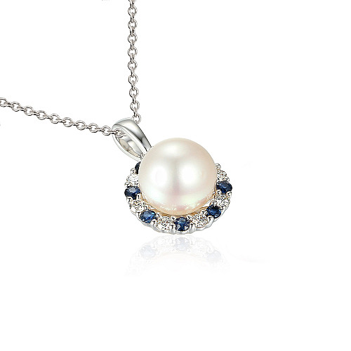 Claw Set Round Pearl With Micro Set Round Brilliant Cut Diamond And Blue Sapphire Halo Pendant And Chain