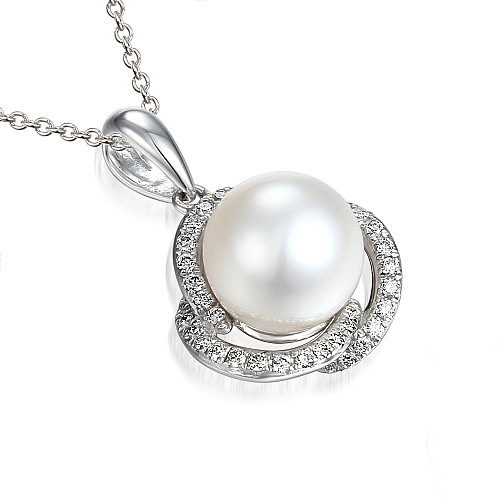 Claw Set Round Pearl With Micro Set Round Brilliant Cut Diamond Halo Pendant And Chain