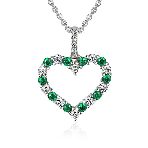 Claw Set Round Brilliant Cut Emerald And Diamond Heart Shape Pendant And Chain