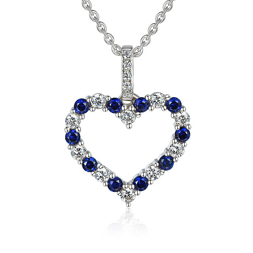 Claw Set Round Brilliant Cut Blue Sapphire And Diamond Heart Shape Pendant And Chain