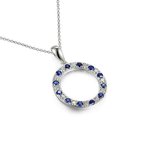 Micro Set Round Brilliant Cut Blue Sapphire & Diamond Circle Pendant And Chain