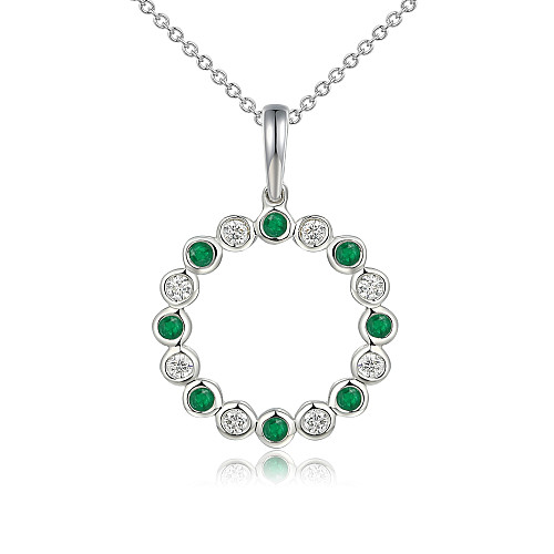 Round Brilliant Cut Micro Set Emerald & Diamond Circle Pendant and Chain