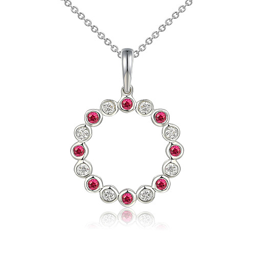 Round Brilliant Cut Micro Set Ruby & Diamond Circle Pendant and Chain