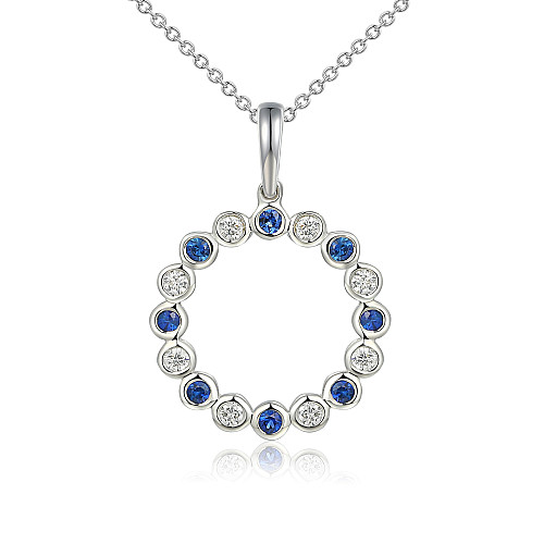 Round Brilliant Cut Micro Set Blue Sapphire & Diamond Circle Pendant and Chain